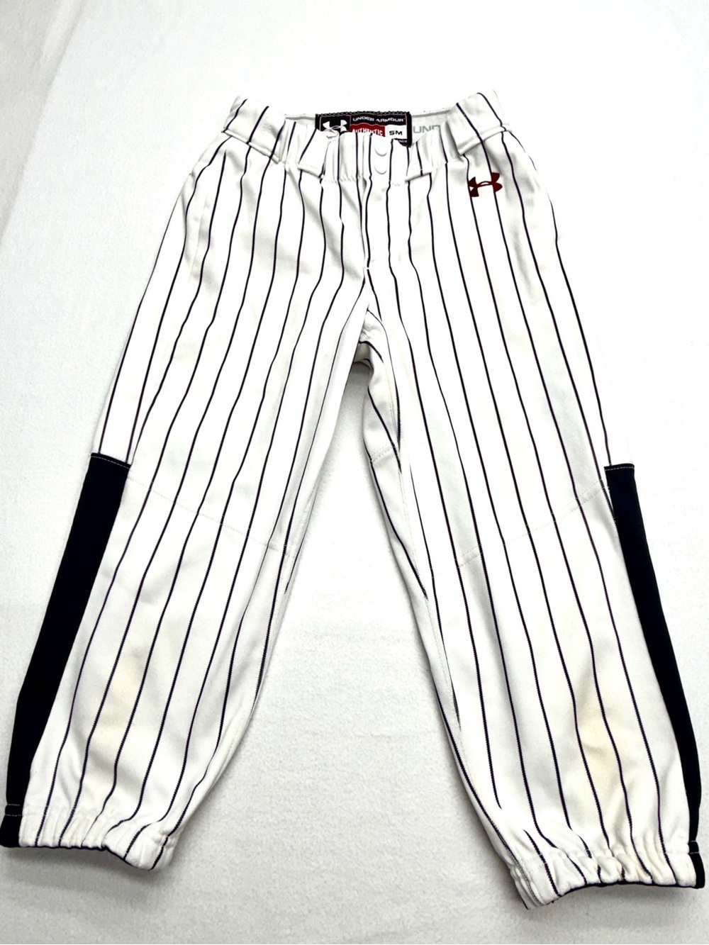 Under Armour Youth Baseball Pants Size S White Black Pinstripe USA Elastic Hem
